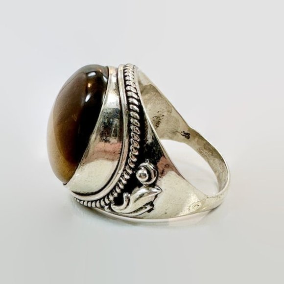 Tiger Eye Ring, Sterling Silver, Tiger's Eye Stone, Brown,Big Stone, Statement - Picture 6 of 7